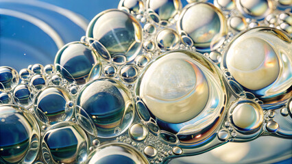 Poster - The composition showcases vibrant soap bubbles in varying sizes, capturing reflections of light and colors against a blue background. This arrangement emphasizes the delicate nature of each bubble