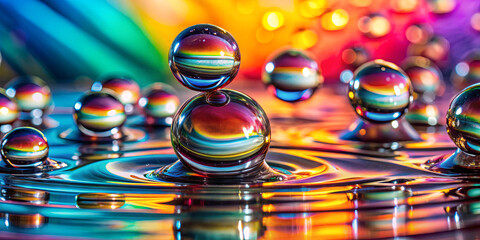 Poster - Vibrant water droplets rest on a reflective surface, creating a stunning array of colors and reflections that interplay beautifully