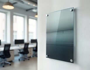 Poster - Transparent glass poster on office wall. Modern design. Blank space for branding advertising. Empty display in contemporary workplace. Professional, creative mockup. Ideal for marketing materials.