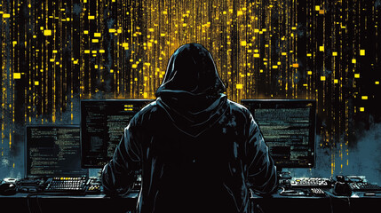 Cybercrime, hacker and thinking at computer for virus, overlay and futuristic at desk. Male criminal, hoodie and ready for coding, cyber attack and programming for malware with tech, scam and data