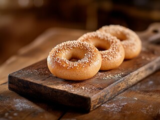 Poster - Four freshly baked keto-friendly bagels rest on a rustic wooden cutting board, showcasing their golden-brown color and crispy exterior under gentle natural lighting, ideal for sharing