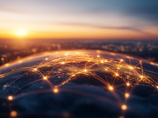 Poster - Interconnected lines span over the globe, showcasing the concept of worldwide communication networks. The sunset creates a warm ambiance with ample copy space