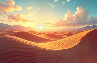 Wall Mural - Vast desert landscape stretches under vibrant sunset sky. Golden hues paint dunes, distant mountains. Sunrise light highlights sand patterns. Dramatic clouds frame warm sky. Perfect for travel,