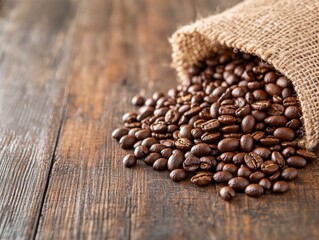 Poster - Roasted coffee beans spill from a burlap sack onto a wooden table, highlighting their glossy surface and the rustic fibers of the sack, perfect for showcasing coffee quality