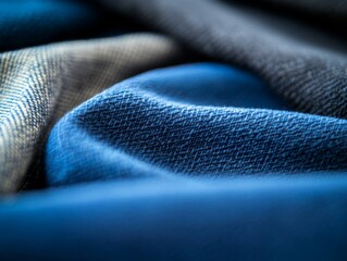 Poster - Various denim fabrics in multiple shades of blue overlap to highlight their textures and patterns, promoting the ethos of sustainable fashion with ample copy space