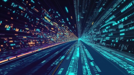 Poster - Digital road with fast moving data. Agile digital transformation. Futuristic speed transfer. Disruptive innovation. Cyber global communication. Generative AI. Graphic vision coding.