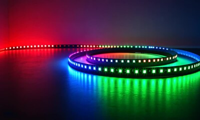 Poster - Colorful Circular LED Light Strips Creating Vibrant and Modern Reflections on Dark Surface