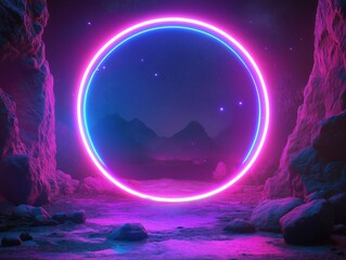 Poster - Cosmic landscape with neon portal. Abstract futuristic scene. Round portal glowing with pink-blue neon light in dark space. Rocks, ground purple-pink. Virtual reality energy source. Laser. Alien