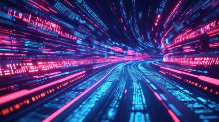 Poster - Fast data flow tunnel. Digital code lines move fast. Futuristic road with glowing tech data. Agile digital transformation concept. Disruptive innovation. Generative AI.