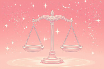 Poster - A serene visual displays balanced scales set in a soft pink backdrop adorned with stars and delicate shapes