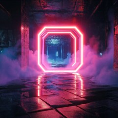 Aufkleber - Futuristic portal glows neon pink red. Portal leads to another dimension. Glowing structure stands in dark corridor. Mysterious wet stone floor reflects vibrant colors. Abstract tech concept. Cool