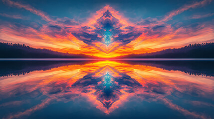 Wall Mural - Breathtaking sunrise lake reflections showcasing tranquil beauty nature vibrant colors kaleidoscopic patterns beneath clear sky, tranquility, morning, calm. Kaleidoscopic. Illustration