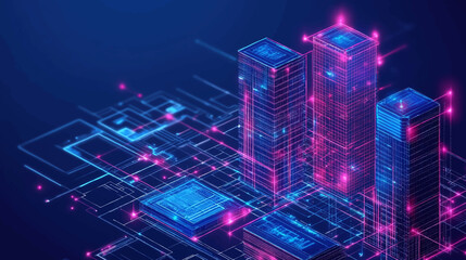 futuristic infrastructure of a smart night city. residential urban buildings for isometric innovatio