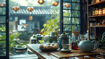 Wall Mural - A table with a teapot, cups, and a plate of cookies