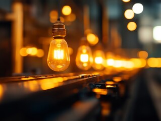 Poster - Glowing light bulbs advance steadily along a conveyor belt in an industrial environment, illustrating the integration of innovation in manufacturing. Ample space is available for text or design