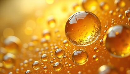Poster - Golden liquid droplets, bubbles create abstract pattern. Liquid reflects light beautifully. Close-up view shows details of textures, shapes. Shiny surface. Vibrant, eye-catching image. Water, oil