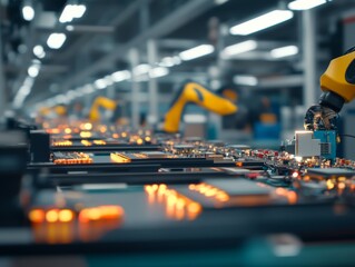 Poster - Robotic arms meticulously assemble small electronic components on an advanced assembly line, showcasing cutting-edge technology in a sleek factory environment