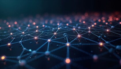 Poster - Futuristic tech network. Abstract 3d rendering shows data transfer. Connected spheres with glowing orange dots. Dynamic virtual chart. Futuristic tech pattern. Modern graphic design. Represents