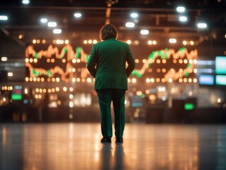 Aufkleber - A figure in a green suit stands, focused on ascending candlestick charts symbolizing market trends. The setting conveys a serious approach to financial analysis, with space for textual content