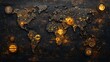 © Christian Bunge - An artistic world map filled with symbols of raw materials: oil barrels in the Middle East, rare earth minerals in Africa, and timber in North America, all connected by glowing trade routes, 16:9