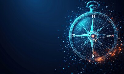 Poster - Digital compass with glowing lines and particles, representing navigation and technology. Features cardinal directions and futuristic design.