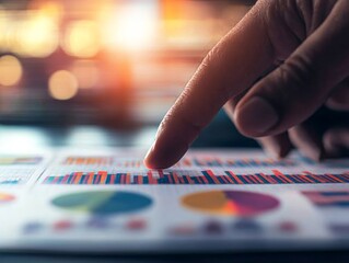 Aufkleber - A hand is pointing at colorful pie charts and bar graphs on a digital display within a corporate environment, emphasizing the detailed financial analysis taking place
