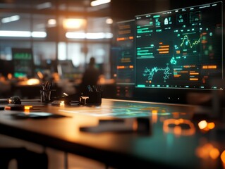 Aufkleber - An interactive holographic display projects vibrant banking icons and financial instruments in a modern office setting, with ample copy space on the left side for additional content