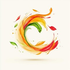 Wall Mural -   A vibrant circle composed of leaf and watercolor hues on a clean white backdrop, framed by a central shadow