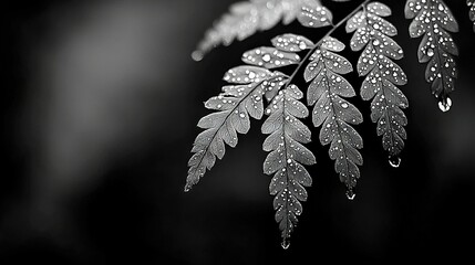 Wall Mural -   A black-and-white image shows water droplets on a leaf in the foreground