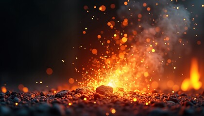Poster - Fiery sparks fly high from blazing grill heat glow. Intense orange sparks, smoke rise up in graphic illustration. Hot embers glow on dark ground. Powerful, realistic graphic illustration of fire,