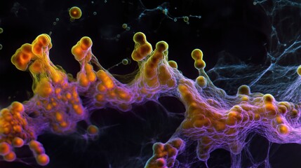 Leinwandbilder - Microscopic view displays dynamic protein interaction. Actin, spectrin proteins form network. Cell cytoskeleton structure highlighted. Science research tech image. Biomedical study. Cellular