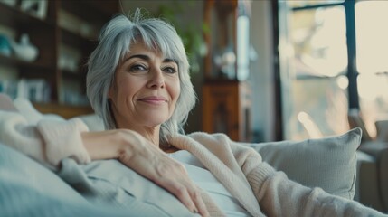 A cheerful senior woman enjoys her leisure time at home, seated comfortably on a couch in the living room.