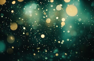 Poster - Abstract background with bokeh lights and glitter, teal and gold colors, glowing light effects, sparkling dust particles in the air, dark green backdrop, night sky.