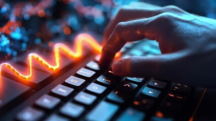 Poster - Close up of a hand typing on a keyboard with colorful light waves in a creative workspace at night