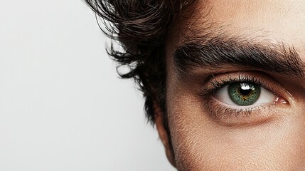 Wall Mural -   A close-up of a person's eye with long hair and green eyeshadow on a white background