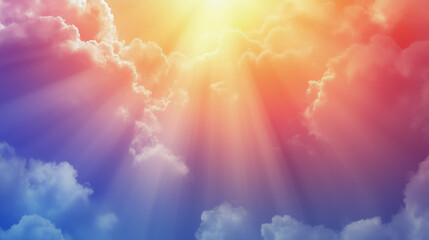 Wall Mural - Multicolored explosion of fog, penetrated by rays of yellow light. on a white background.