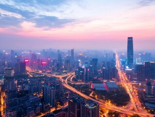Poster - this panoramic view captures a vibrant smart city at twilight, highlighting advanced infrastructure,