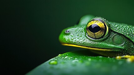 Wall Mural -   Close-up of green frog on leaf, with water droplets on eyes against black backdrop