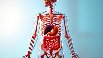 Poster - 3D medical illustration of human digestive system. Transparent body model shows skeleton, internal organs. Esophagus stomach small bowel large bowel liver, colon visible. Detailed view of human