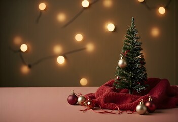 Wall Mural - empty christmas table background with christmas tree out of focus for product display montage