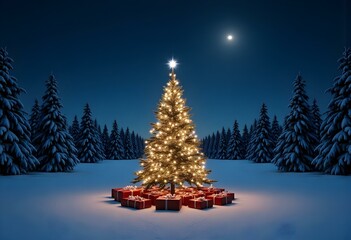 Wall Mural - christmas tree on snow in night with shiny star and gift boxes in snowy forest - winter abstract lan