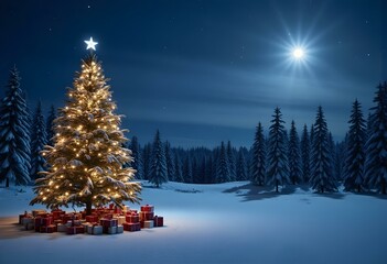 Wall Mural - christmas tree on snow in night with shiny star and gift boxes in snowy forest - winter abstract lan