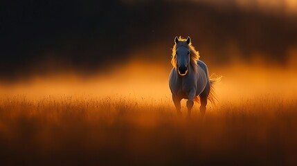 Sticker -   A white horse stands in tall grass with sunlight illuminating its back