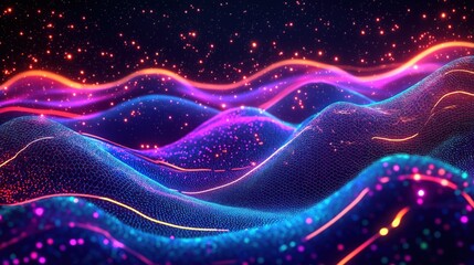Aufkleber - Abstract digital waves with glowing neon lines. Futuristic tech landscape. Vivid colors like pink blue, orange. Mesh pattern, glowing particles create dynamic effect. Cyber virtual background.
