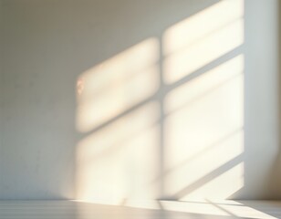 Poster - Sunlight streams through window creating soft shadows, diagonal striped light patterns on light gray wall. Abstract geometric light, shadow interplay. Simple, minimal design. Suitable for backdrop
