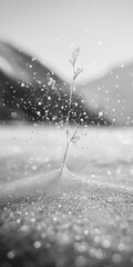 Wall Mural -  B&W photo of a tiny plant growing from sand on a beach near majestic mountains