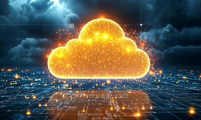 Poster - Digital Cloud Network Visualization with Glowing Circuitry and Dark Stormy Sky