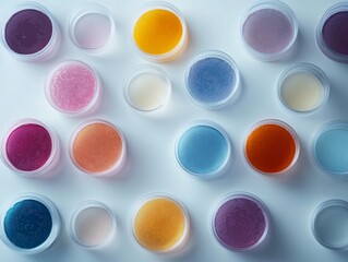 Aufkleber - A variety of colorful microbial colonies thrive in petri dishes atop a laboratory table, displaying the fascinating diversity of microbiology. The setup allows for insightful observation