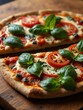 © claudunia - Close-up of a tomato and basil pizza on a wooden board.
