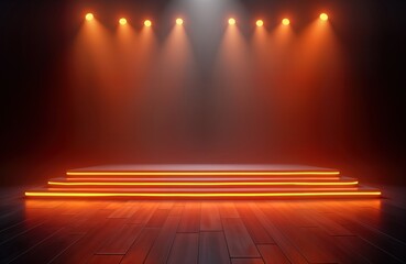 Aufkleber - Empty stage with amber stage lighting design. Modern dance production stage. Soft orange spotlight illuminates empty platform. Modern dance performance setup. Entertainment show. Live music event
